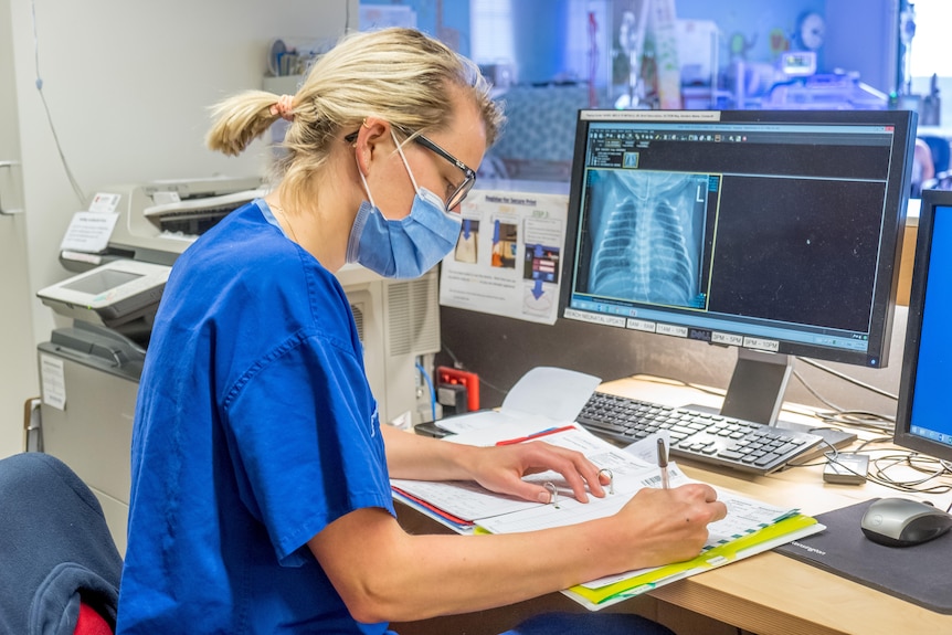 A female doctor wearing a mask fills out a form which an x-ray displays on her computer screen.