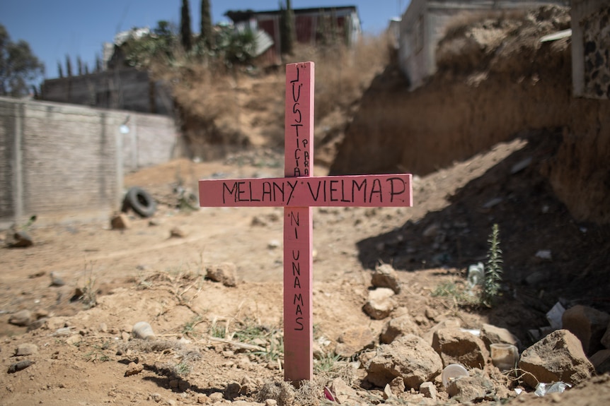 A pink cross in a vacant lot.