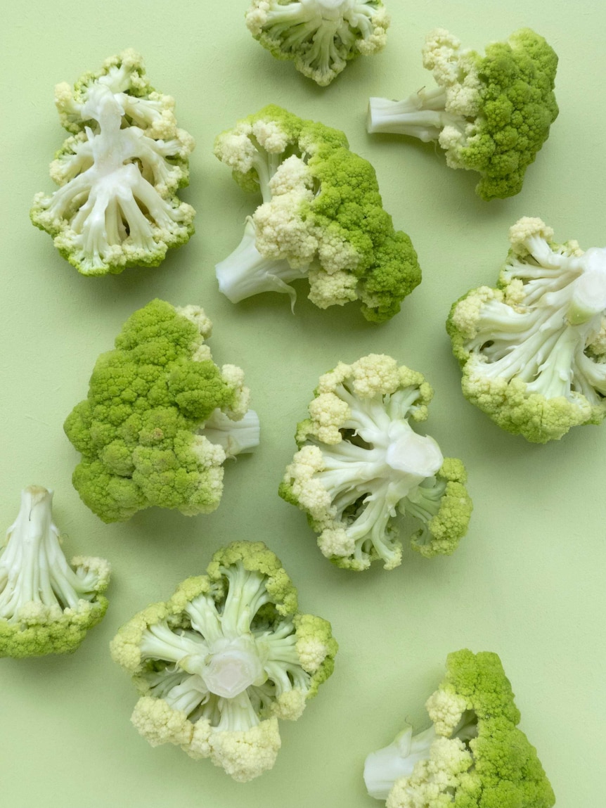 Green coloured cauliflower florets on a pastel green background