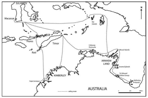 A black and white map showing lines going from Indonesian islands to northern Australia coastline