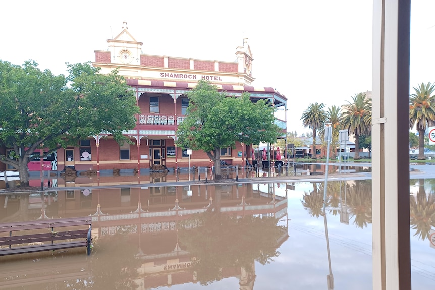 Water surrounding the Shamrock Hotel, with the photograph framing the corner where the pub stands.