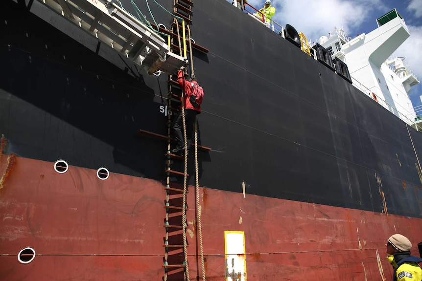 A man climbs up a rope ladder on the side of a container ship.