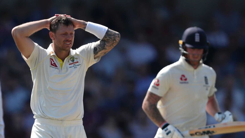 Australia bowler James Pattinson puts his hands on his head as Jonny Bairstow and Ben Stokes complete a run.