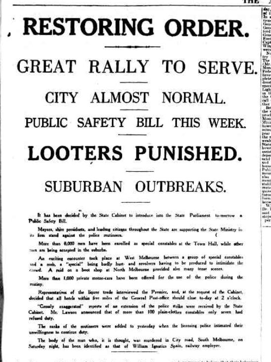 Newspaper clipping about police mutiny from The Argus, November 6, 1923.