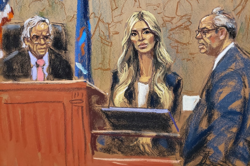 A drawing show Ivanka Trump on the witness stand. The judge looks at her. A man stands on the other side of her.