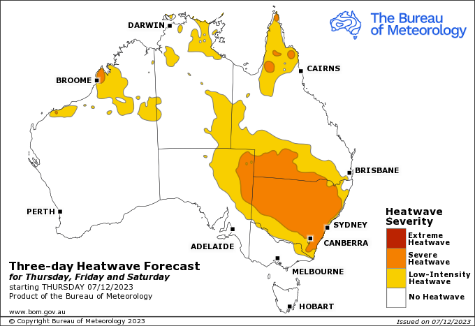 A map of Australia showing Broome, parts of northern Queensland and most of New South Wales forecast for a severe heatwave.
