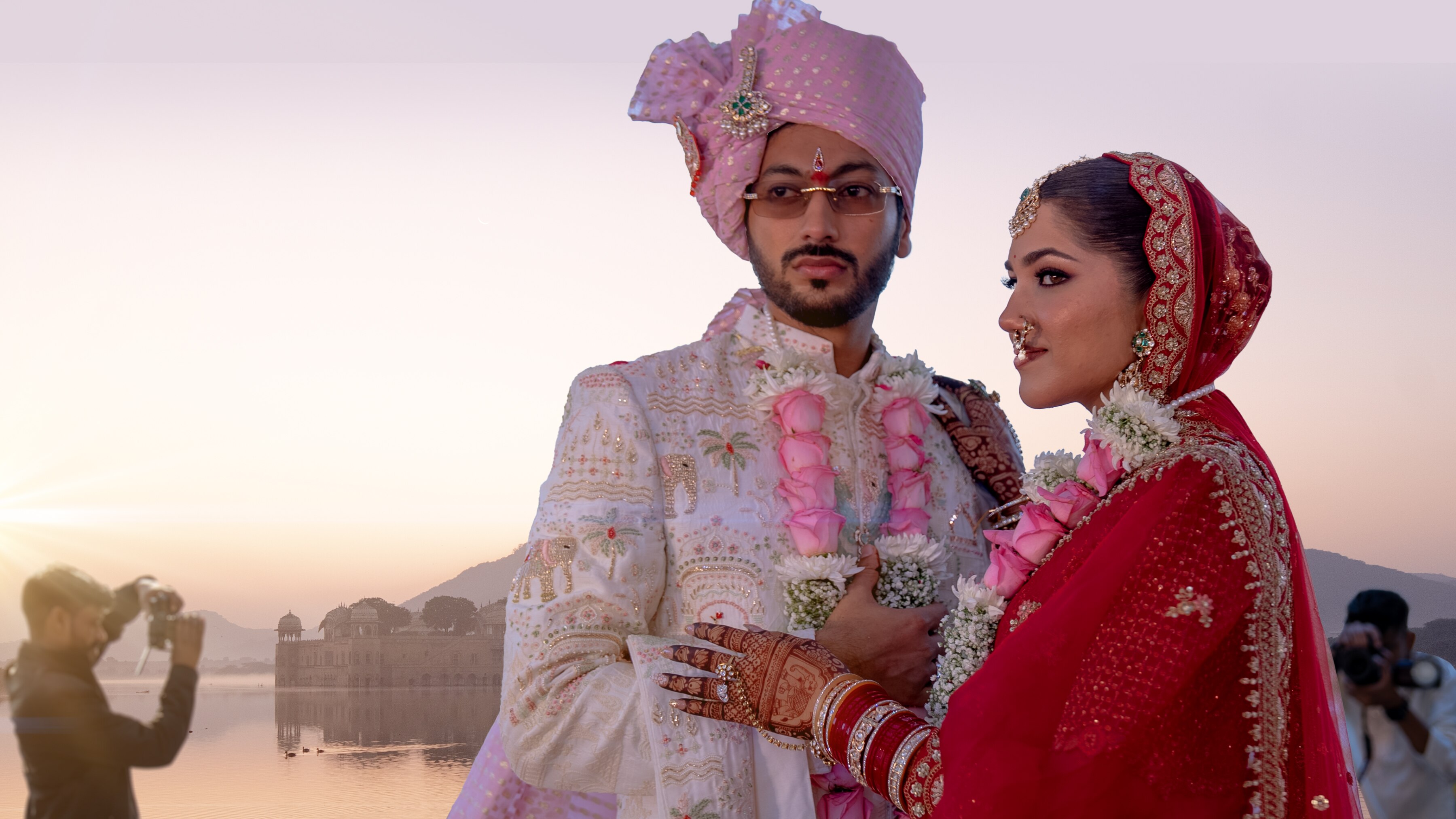 An Indian Man and Woman dressed in ceremonial outfits. 