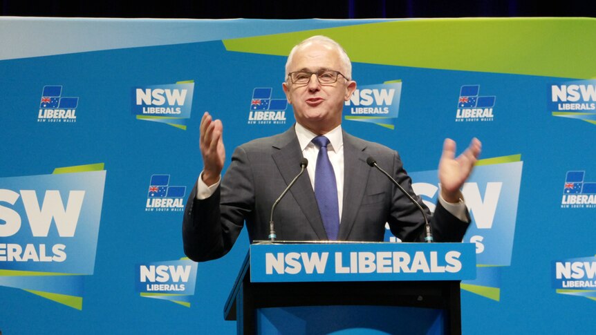 Prime Minister Malcolm Turnbull speaks at the NSW Liberals conference lectern