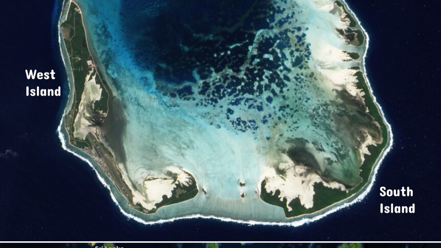 Satellite image and map of the Cocos Islands.
