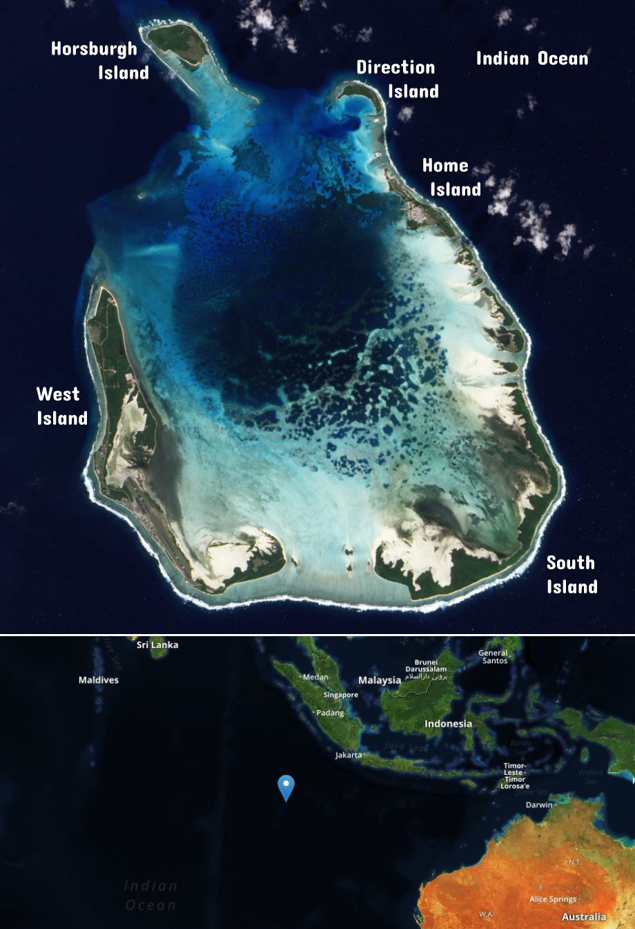 Satellite image and map of the Cocos Islands.