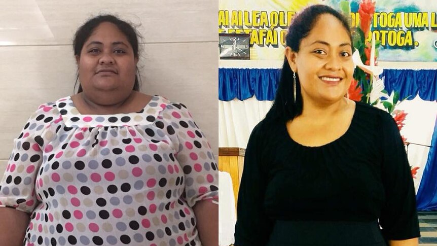 A composite picture of Betty Pinati before she lost weight at 178 kilos to after she lost weight at 107kg.