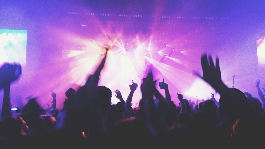 Crowd of people dancing at a music festival.