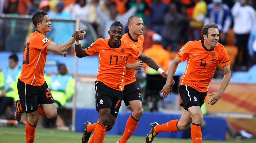 Eljero Elia (centre left) added impetus to a spluttering Netherlands performance and provided the clinching goal.