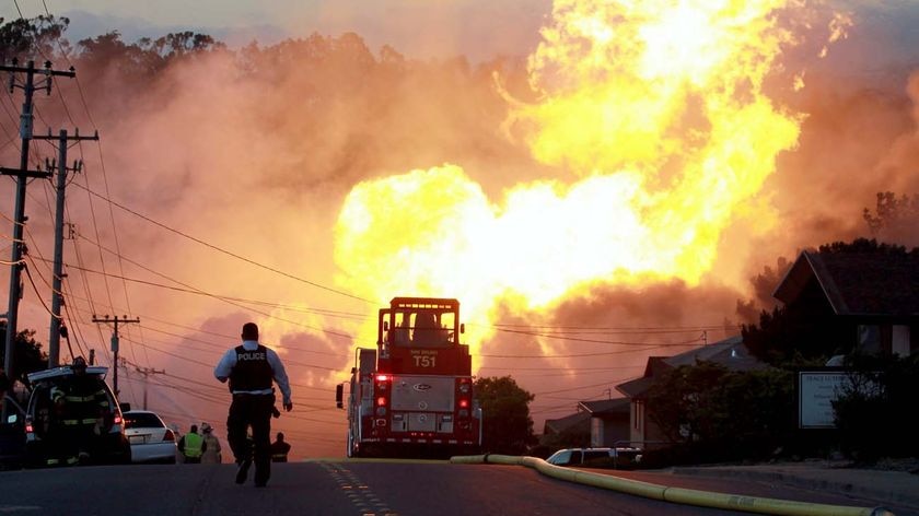 Inferno: A police officer runs towards the fire