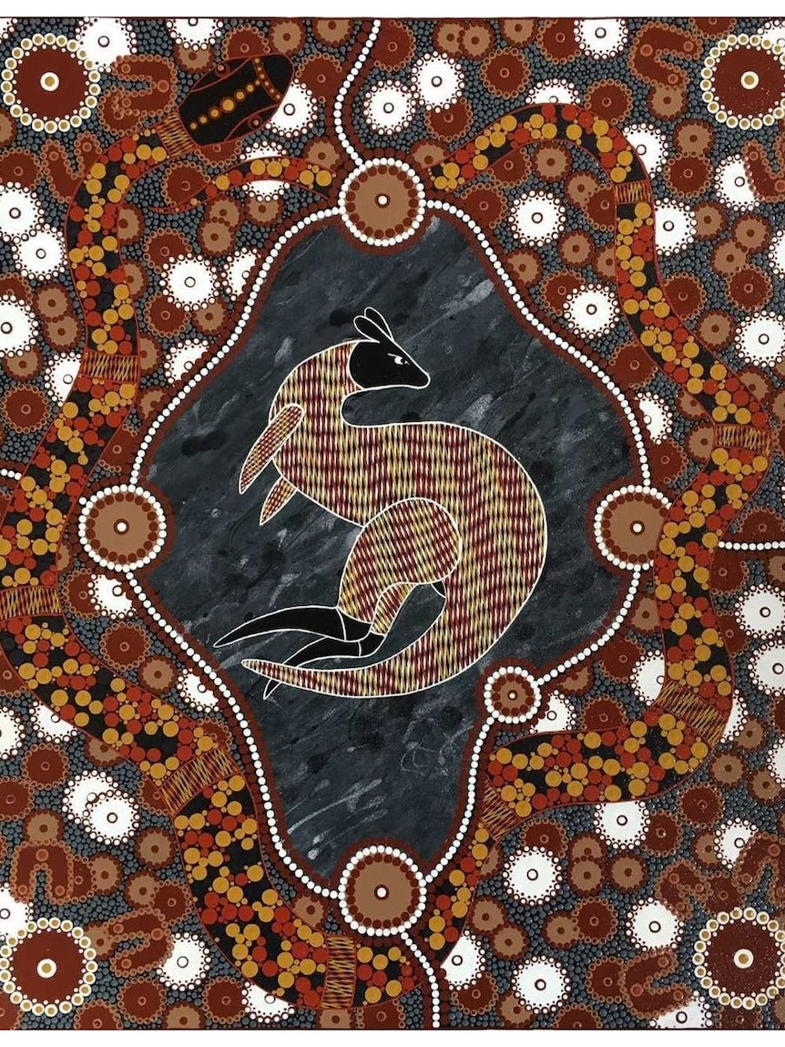 Indigenous artwork with kangaroo at centre