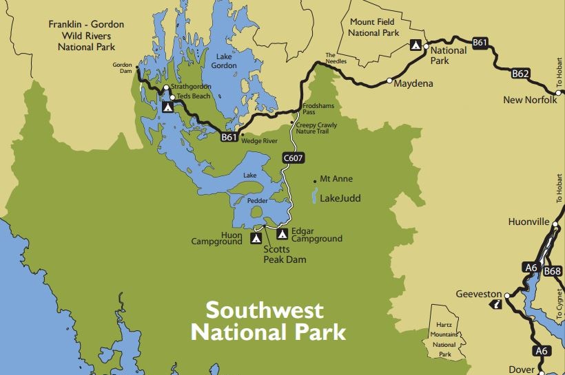 Map of area where father and son were missing in Tasmania.