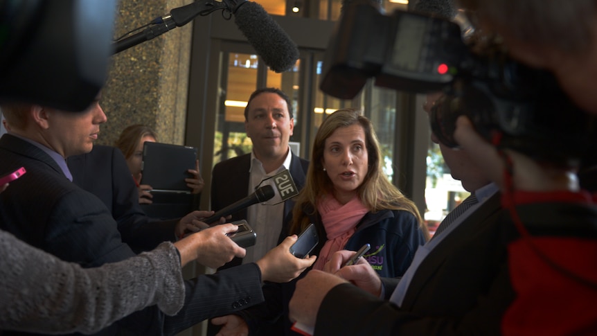 Health Services Union national secretary Kathy Jackson speaks to the media