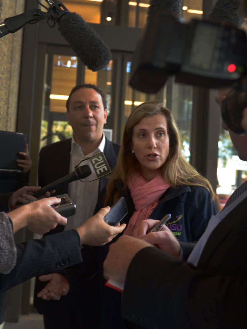 Health Services Union national secretary Kathy Jackson speaks to the media