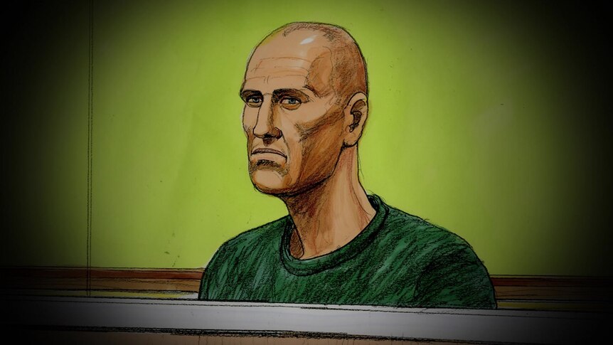 A court sketch of a man with a bald head.