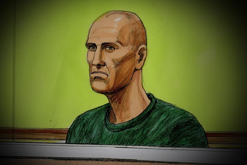 A court sketch of a man with a bald head.