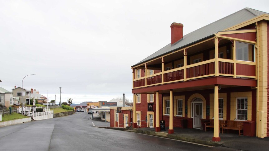 Side view of Stanley Hotel in north-west Tasmania and streetscape of the quiet town