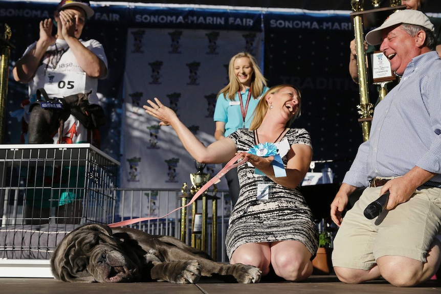 Owner Shirley Zindler laughing as her dog Martha sleeps on stage.