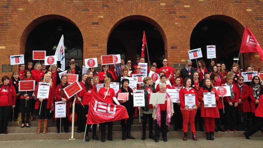 Catholic teachers and support staff gather in Tamworth to protest a proposed new Enterprise Agreement.