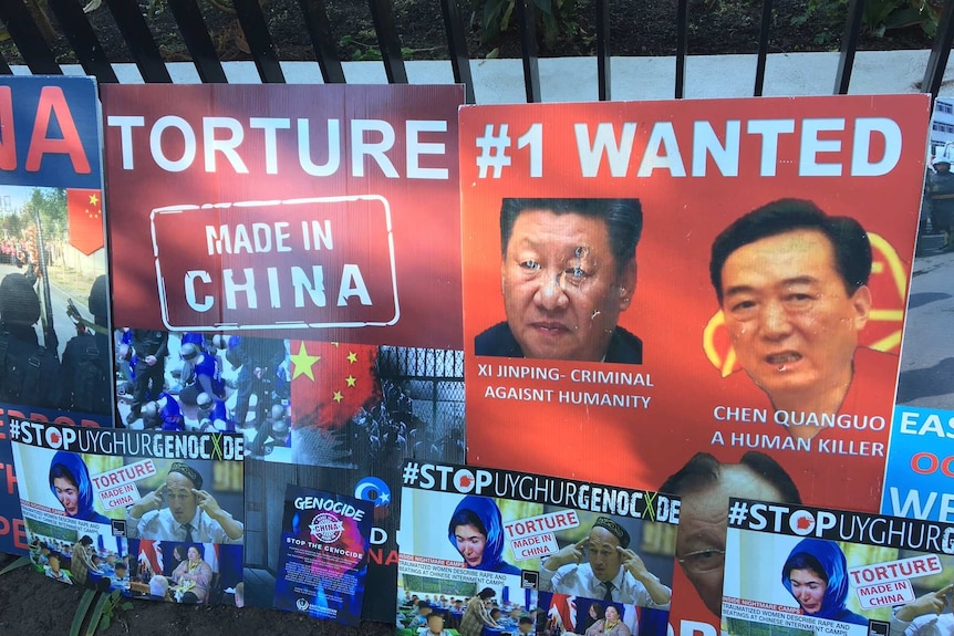 Protest posters outside Chinese consulate Adelaide