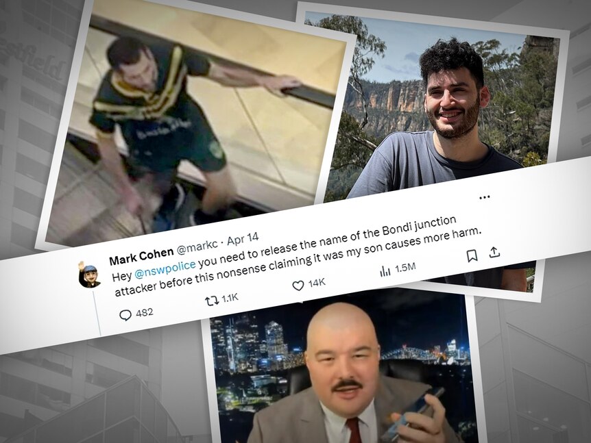A collage including photos of the Bondi Junction attacker and a young man in the bush, and a tweet. 