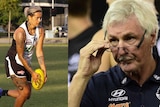 Moana Hope kicks a football in one image, Mick Malthouse peers over his glasses in another image.