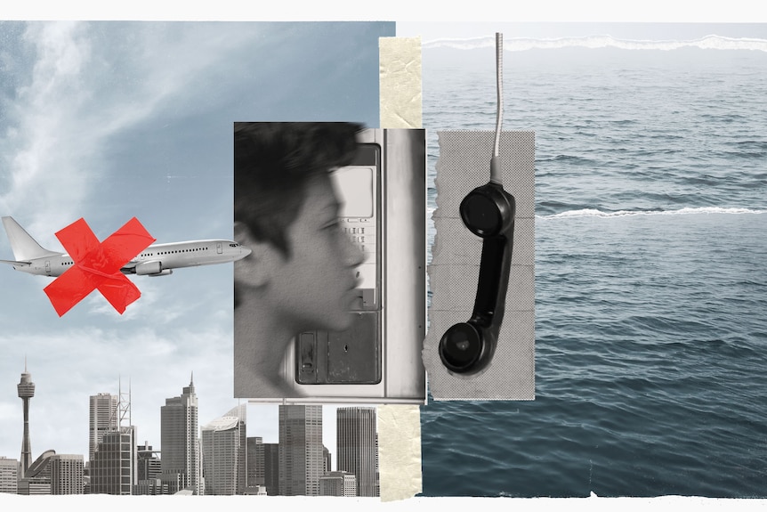 Collage of plane flying over Sydney CBD, a boy's face, a telephone and the ocean