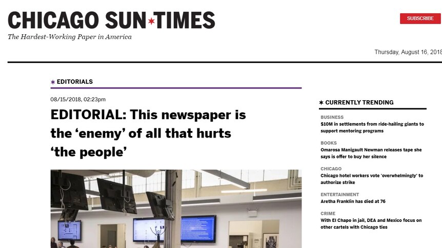 A screenshot from the Chicago Sun-Times newspaper's website with a story defending press freedom.