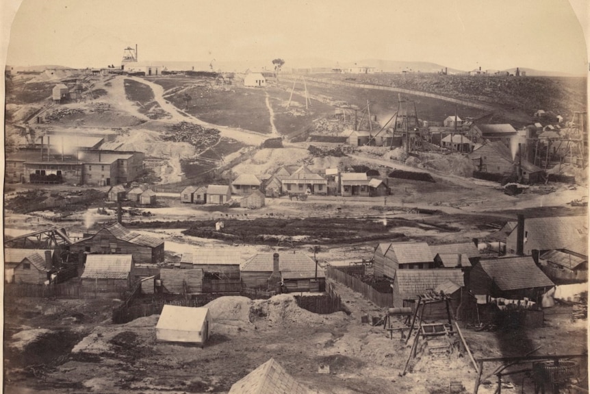 A historic photo of a gold mining village in 1861.