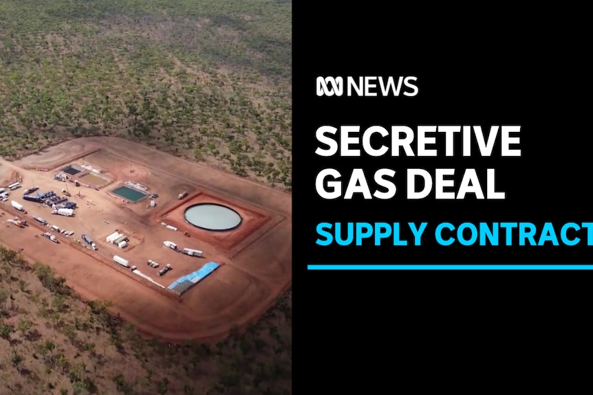 Secretive Gas Deal, Supply Contract: Aerial photo of a fracking operation in an outback landscape.