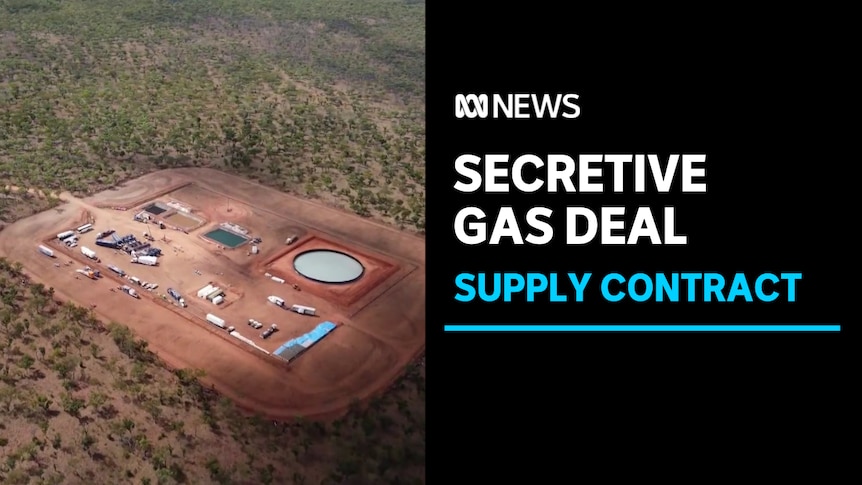 Secretive Gas Deal, Supply Contract: Aerial photo of a fracking operation in an outback landscape.