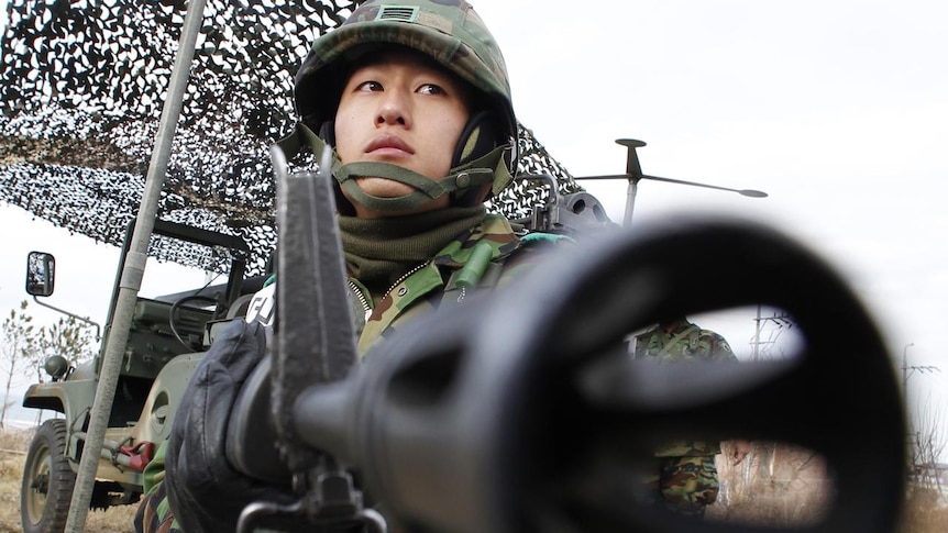 A South Korean soldier attends an exercise before a marines landing drill