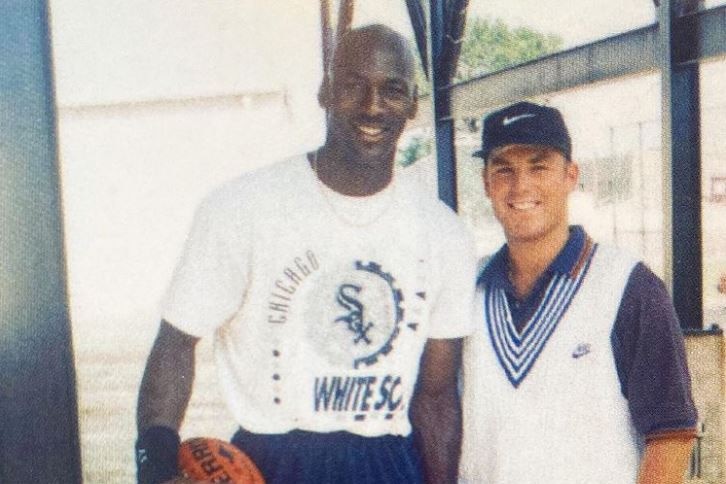 An archive photo of a young Michael Jordan with a young Shane Warne.