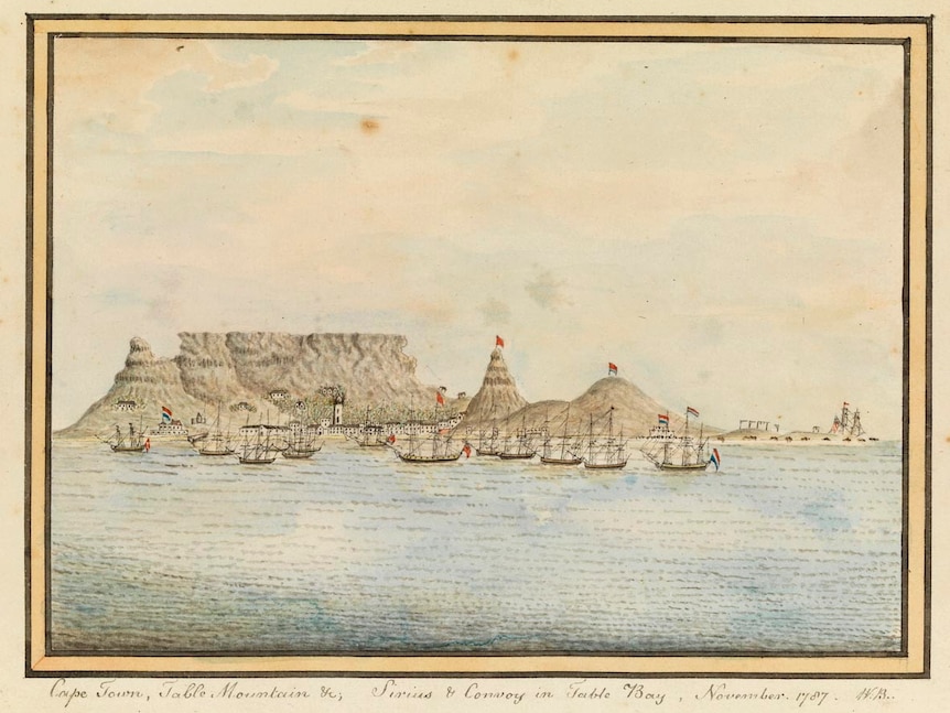 The First Fleet moored in Table Bay