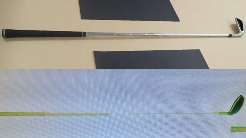 A composite photo of a seized golf club and an x-ray of another golf club showing the drugs inside.
