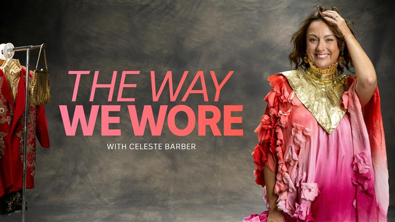 Celeste Barber on the right dressed in a bright red and pink dress with a gold collar. "The way we wore' title is to her left