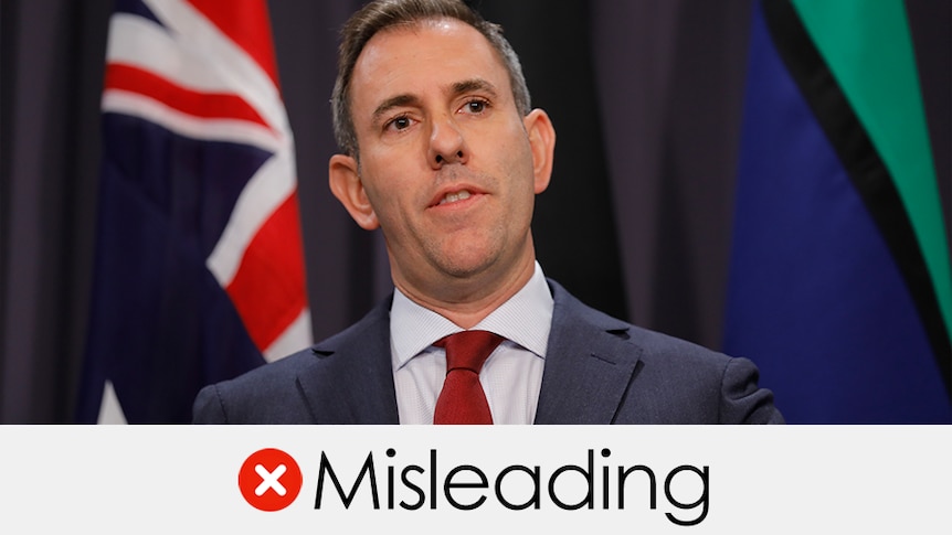 Jim Chalmers tight headshot wearing a red tie in front of an Australian flag VERDICT: Misleading with a red cross