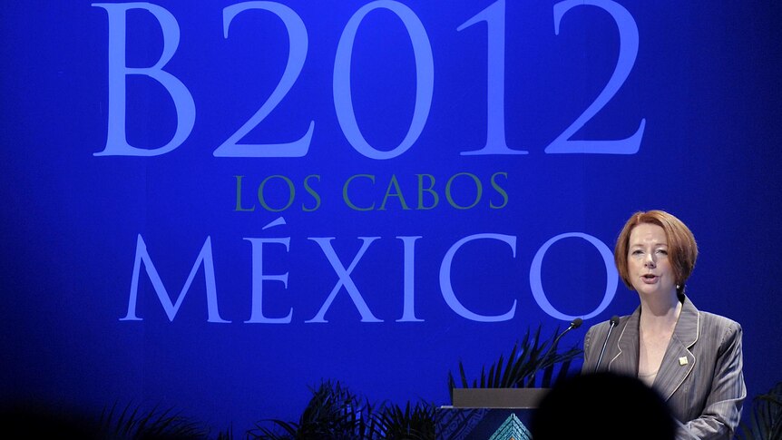 Prime Minister Julia Gillard speaks at the G20 Summit in Mexico.