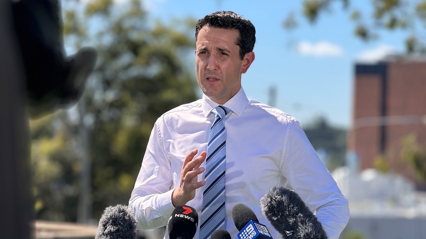 David Crisafulli speaking into microphones outside Ipswich Hospital.