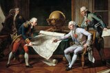 A painting of men from the late 1700s gathering around a map.