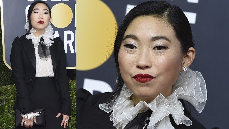 A composite image of Awkwafina wearing a black dress with white ruffles around the neck.