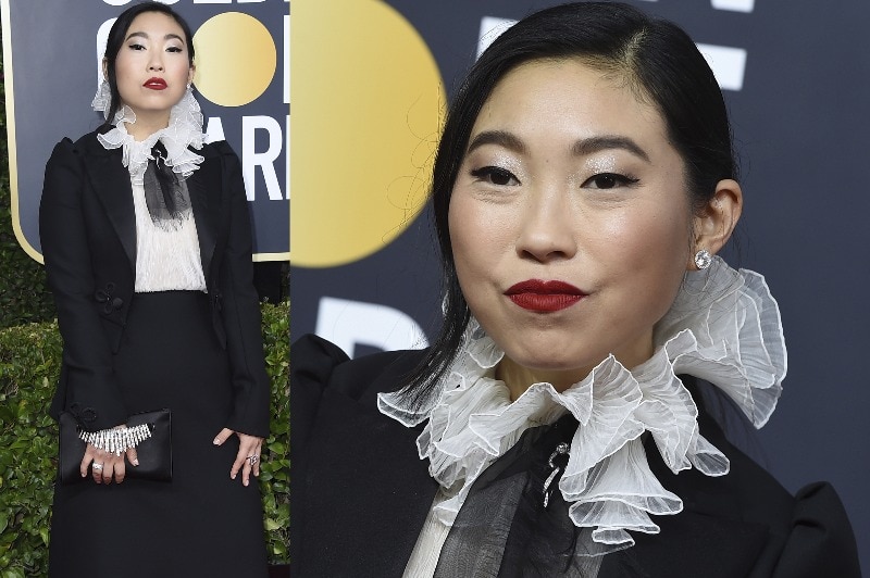 A composite image of Awkwafina wearing a black dress with white ruffles around the neck.