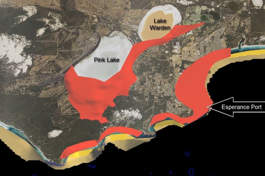 A satellite image of Esperance, with areas vulnerable to salinity highlighted.