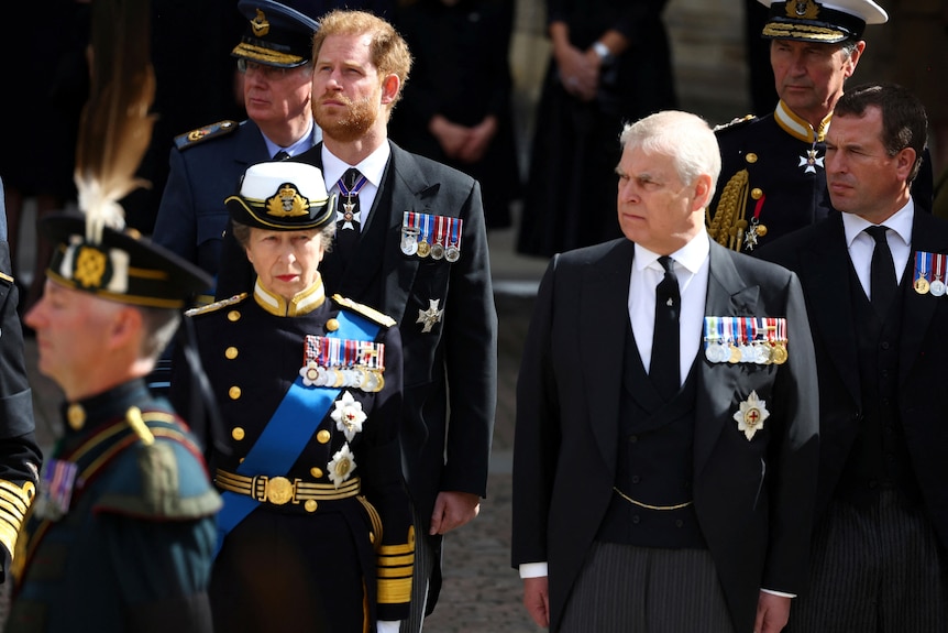 Princess Anne stands in uniform with Prince Andrew and Prince Harry dressed in suits.