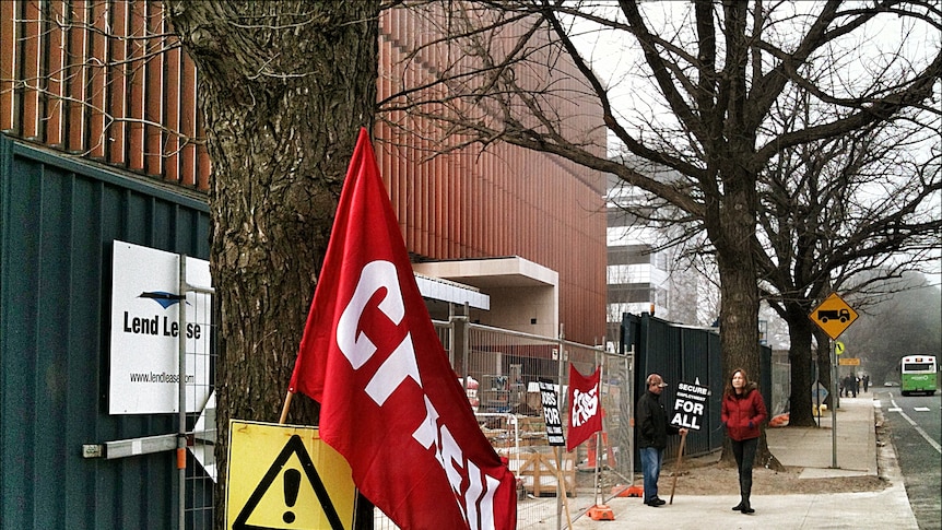 Construction workers are striking at 22 sites belonging to the Lend Lease group after pay negotiations broke down.