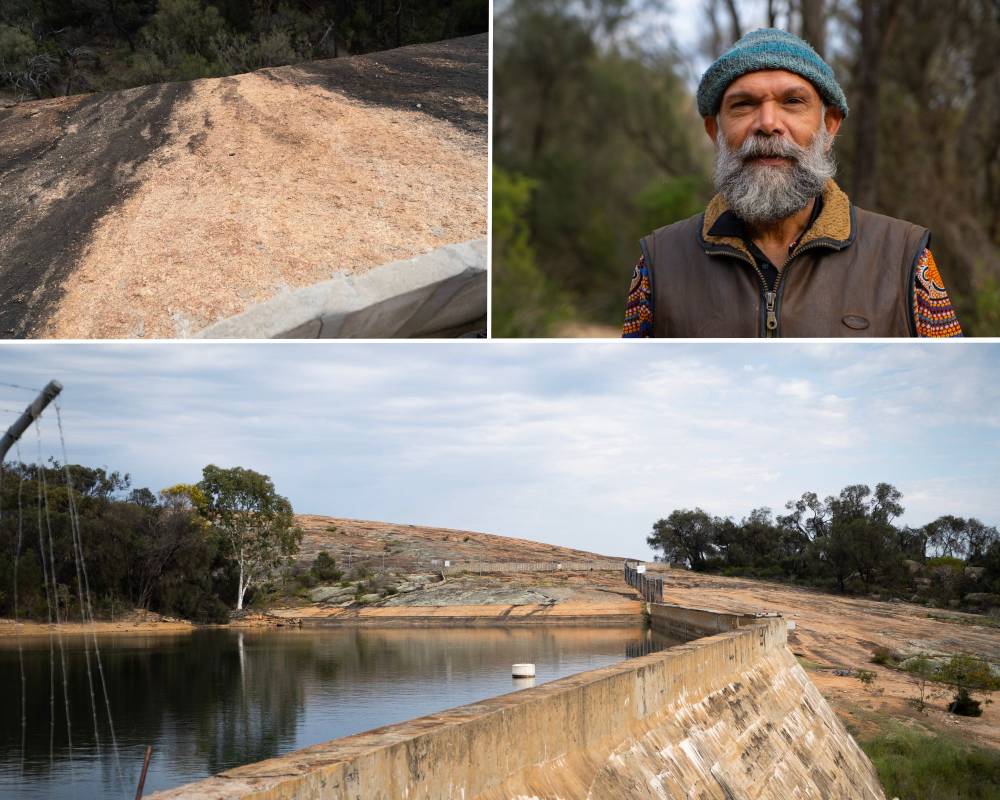 Wave Rock wall and Aboriginal man Michael